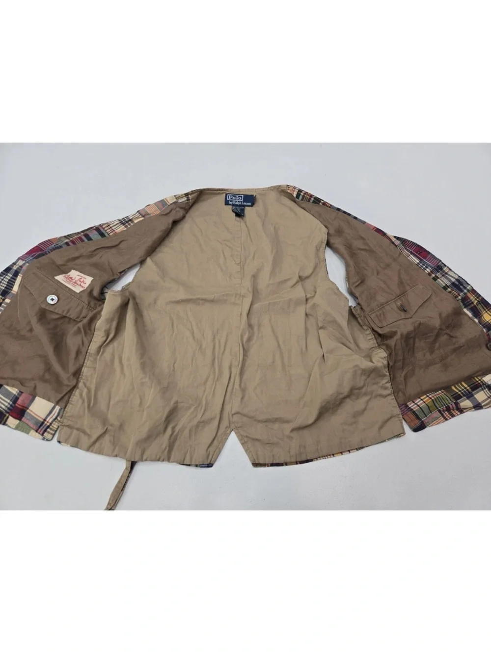 Polo Ralph Lauren India Madras Plaid Patchwork Vest Cinch Back Size L Mens - Picture 8 of 10